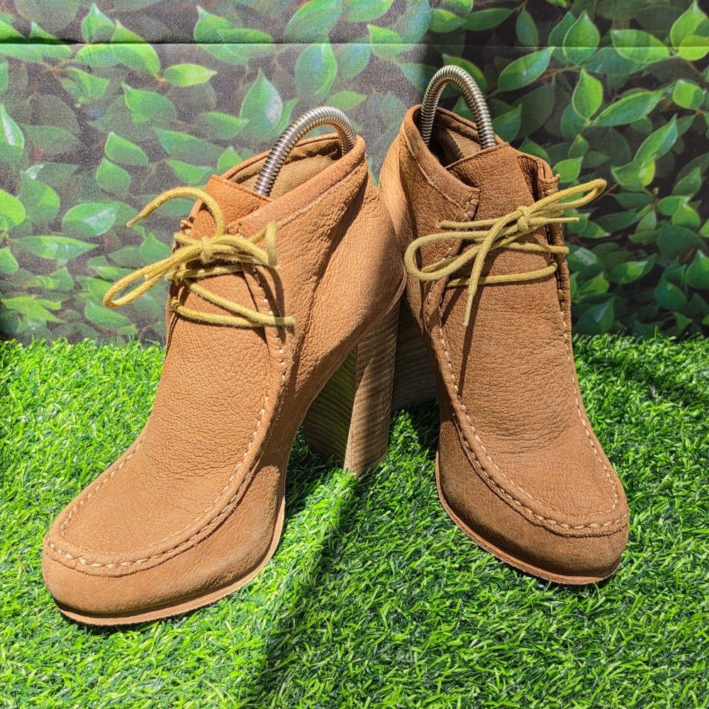 Dolce Vita Brown Leather Lace Up Moc Toe Block Heel Ankle Boots Womens 7.5